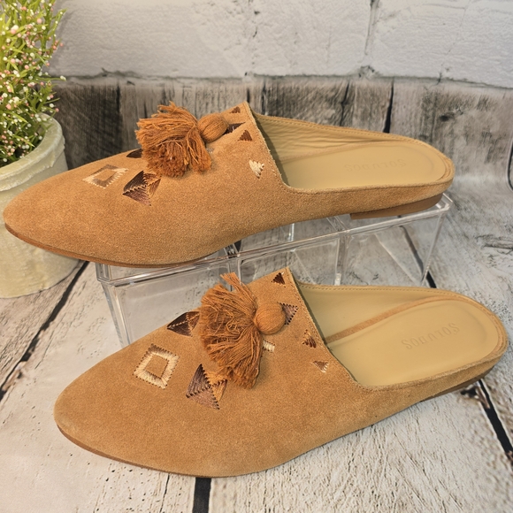 SOLUDOS WOMENS BROWN PALAZZO SUEDE MULES SOUTHWEST EMBROIDERY WOMENS 9 - Picture 2 of 8